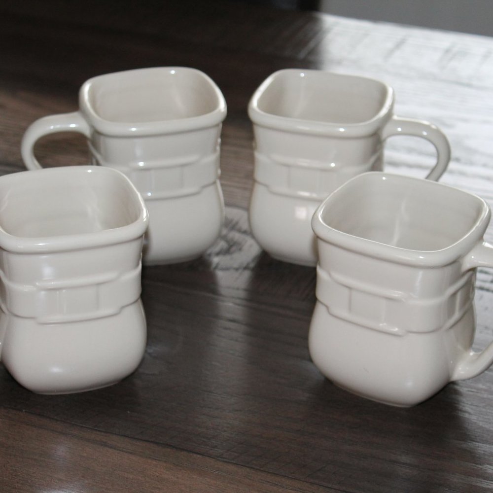 Longaberger Soft Square Ivory Mugs Set of 4 Vitrified Pottery